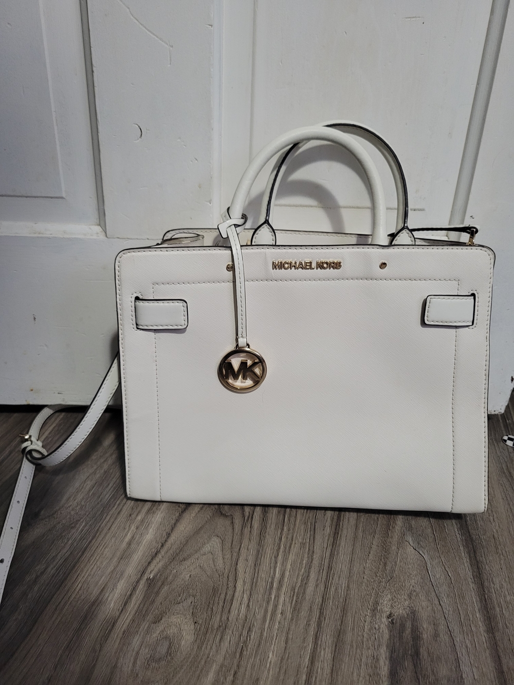 Michael Kors White Leather Satchel with Gold Logo Charm